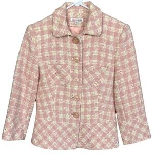 Georgiou Studio Wool Blazer Pink Cream Plaid Round Collar SZ 4 Feminine Classic